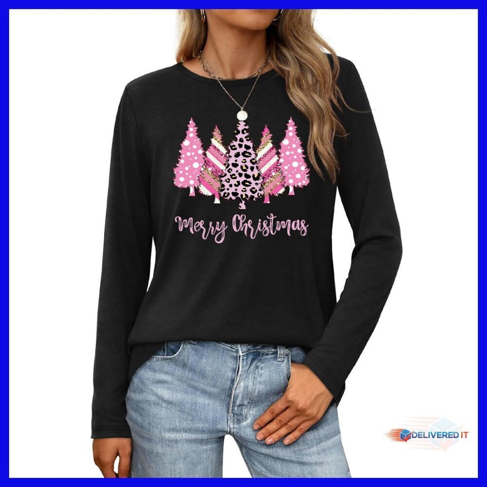 Women's Long Sleeve Christmas T-Shirt Cotton Blend Festive Holiday Top